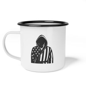 Enamel Camp Cup — American Flag Hoodie Silhouette Camping Mug (Freedom & Patriotism)