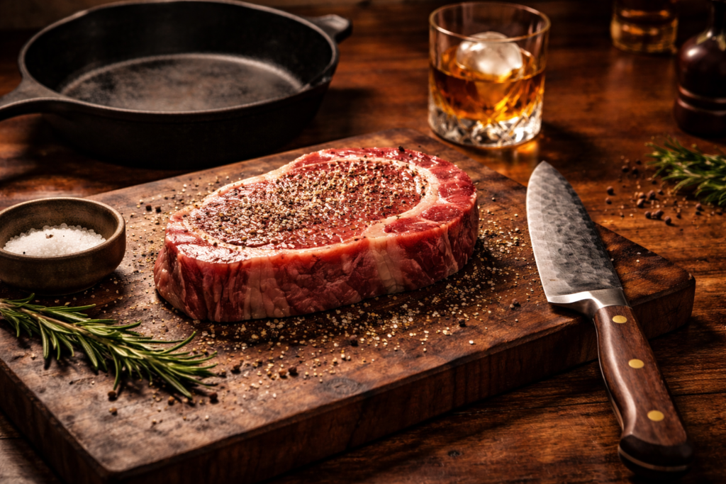 Rustic kitchen setup with raw ribeye steak, chef knife, cast iron skillet, and bourbon.