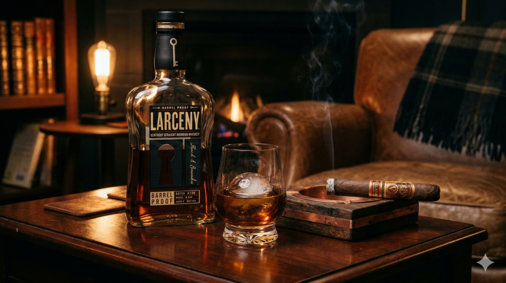Larceny Barrel Proof bourbon bottle and Oliva Serie V Melanio Maduro cigar on a wooden table in a moody lounge setting.Friday Night Pour