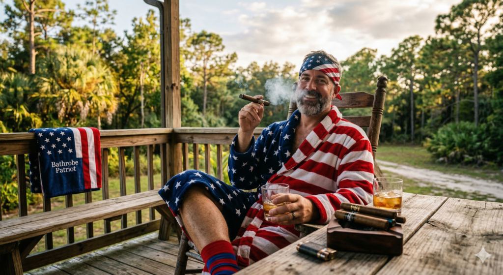 A man in an American flag bathrobe enjoying the best budget cigars on a wooden porch.