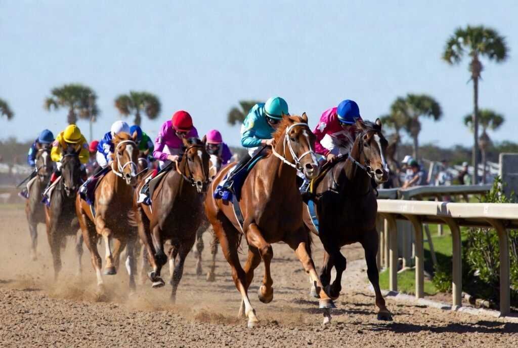 Thoroughbred horses racing at Tampa Bay Downs on Kentucky Derby day