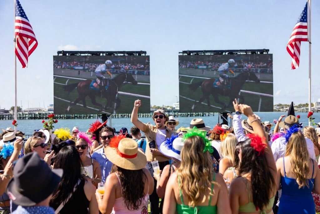 Crowd enjoying Derby on the Pier watch party in St. Petersburg Florida