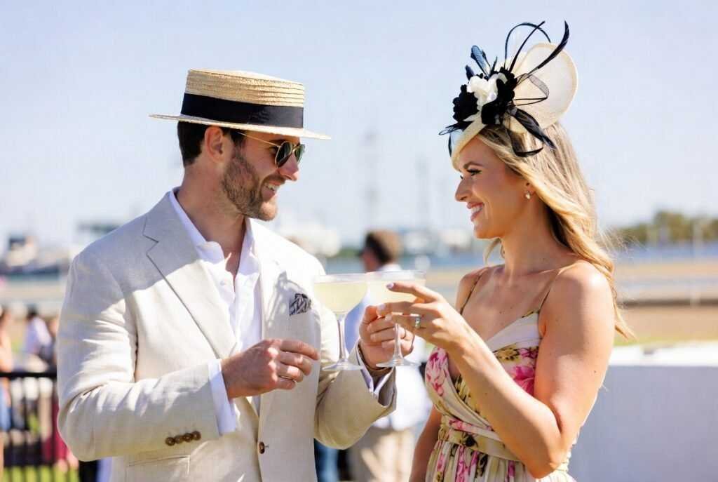 Stylish couple in Derby fashion and fascinators at a Pinellas County watch party