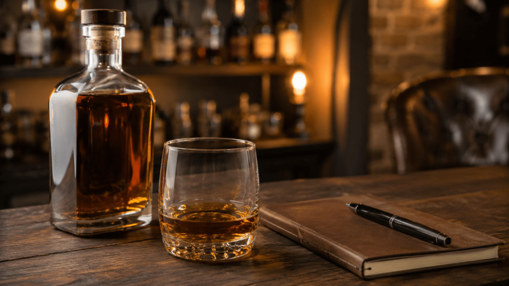 Beginner bourbon tasting setup with whiskey glass, notebook, and bottle on a home bar