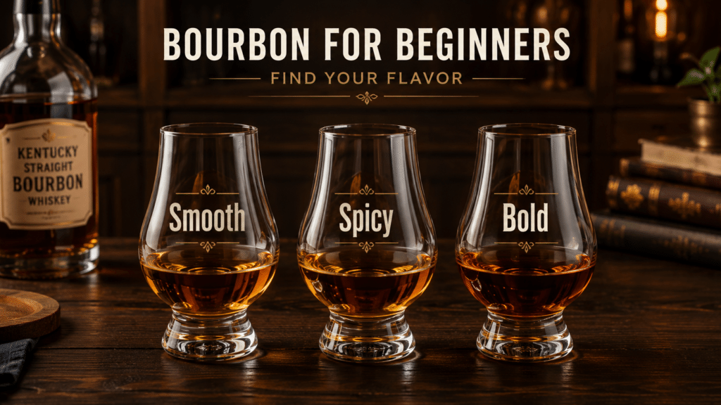 Three bourbon glasses showing smooth spicy and bold beginner bourbon flavor profiles