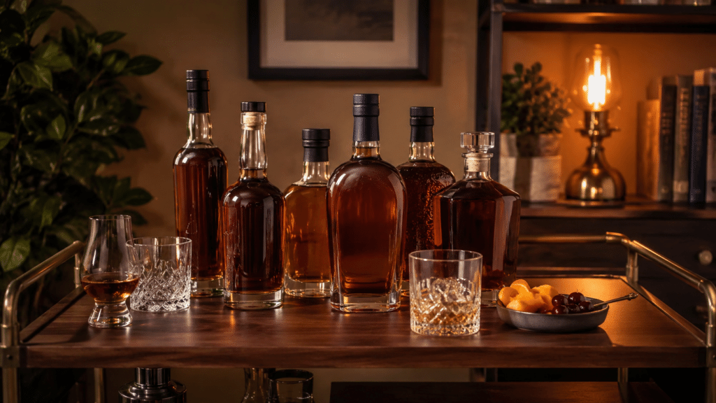 Beginner bourbon bottle lineup on a home bar with glasses and cocktail garnishes