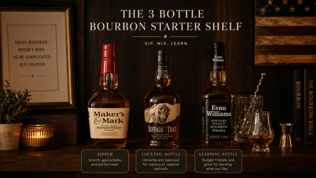Three bottle beginner bourbon shelf with sipper cocktail bottle and learning bottle
