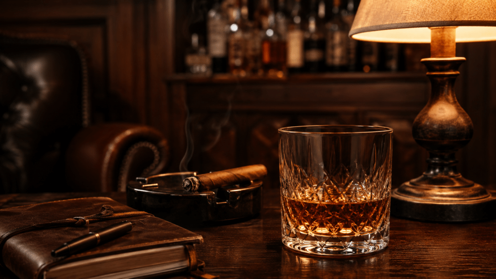 Bathrobe Patriot style beginner bourbon home bar with whiskey glass leather notebook and warm lighting