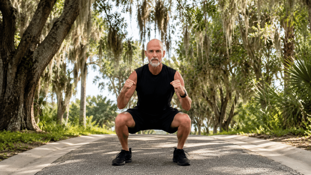 Man over 50 doing outdoor bodyweight squats for strength and healthy aging