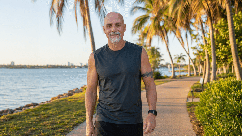 Man over 50 walking outdoors as part of a healthy protein and fitness routine
