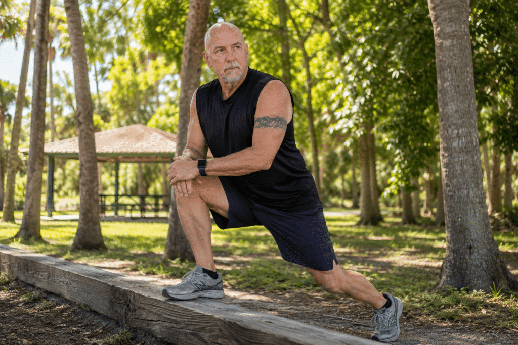 Man over 50 doing an outdoor lunge to support strength balance and healthy aging