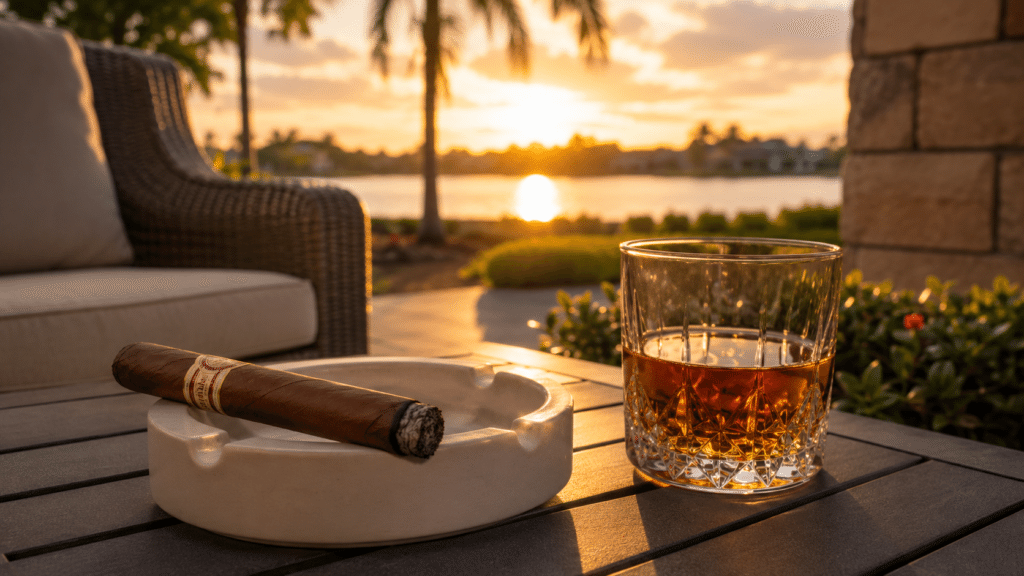 Top 10 affordable cigars with bourbon on a Florida patio at golden hour