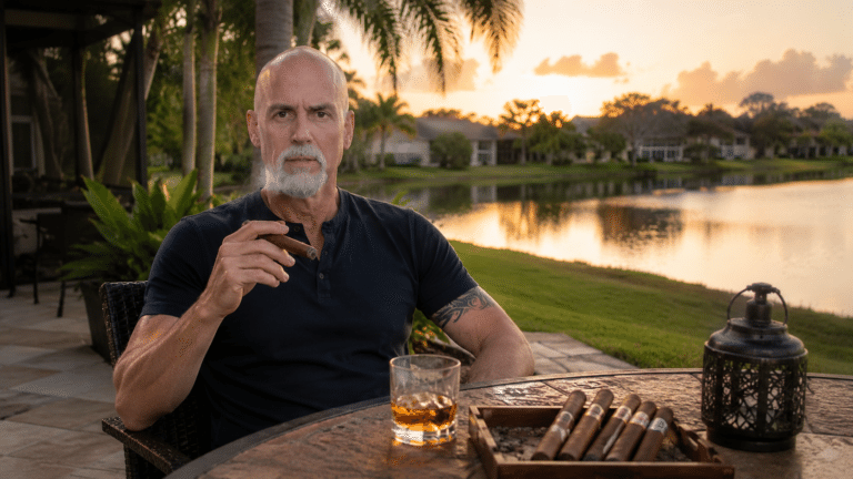 Top 10 affordable cigars with Eric Webber enjoying a bourbon and cigar on a Florida lakeside patio