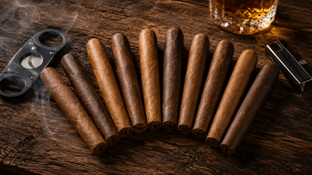 Top 10 affordable cigars arranged in a fan shape with cigar cutter and lighter
