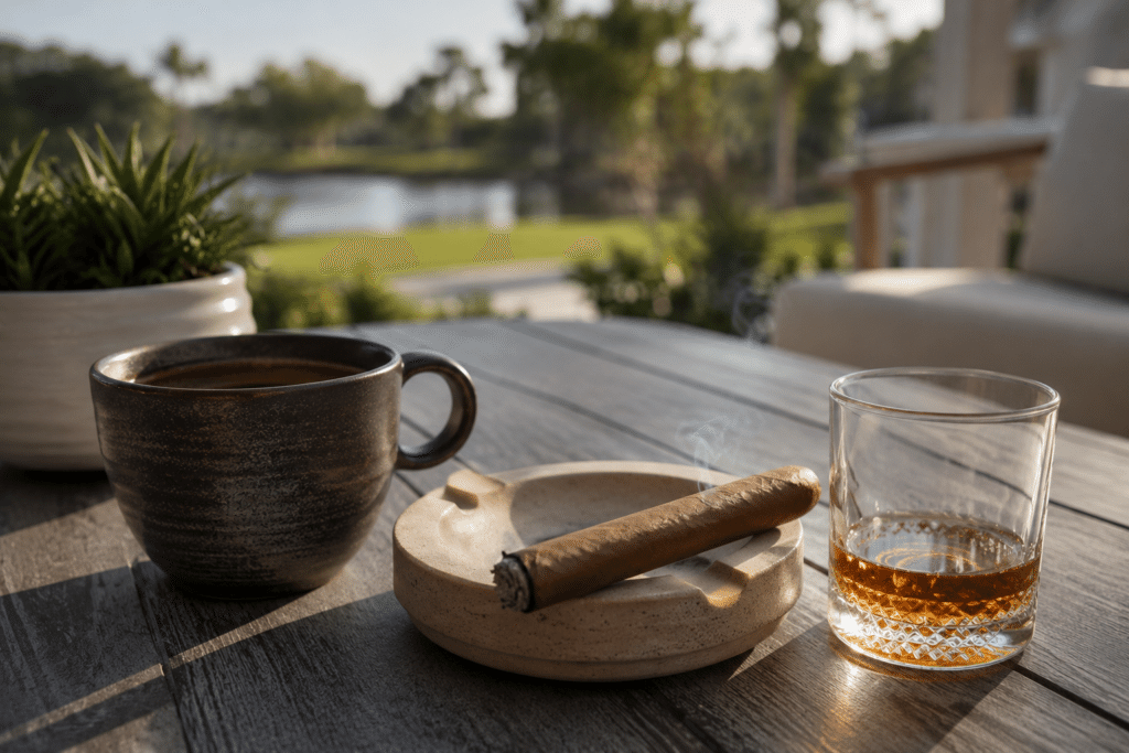 Top 10 affordable cigars beginner-friendly cigar with coffee and bourbon on outdoor patio