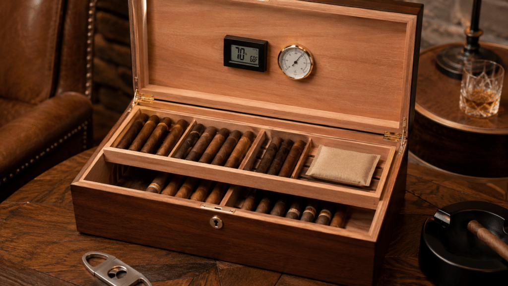 Top 10 affordable cigars stored in a wooden humidor with digital hygrometer and humidity pack