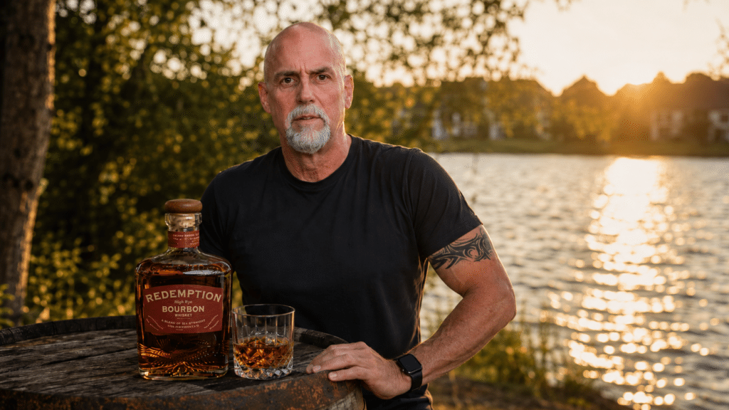 Redemption Bourbon bottle and glass beside Eric Webber at sunset by a lake