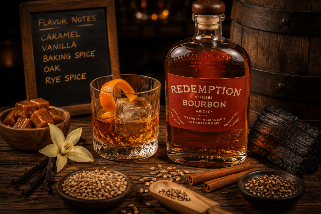 Redemption Bourbon with vanilla, caramel, cinnamon, oak, and rye flavor notes