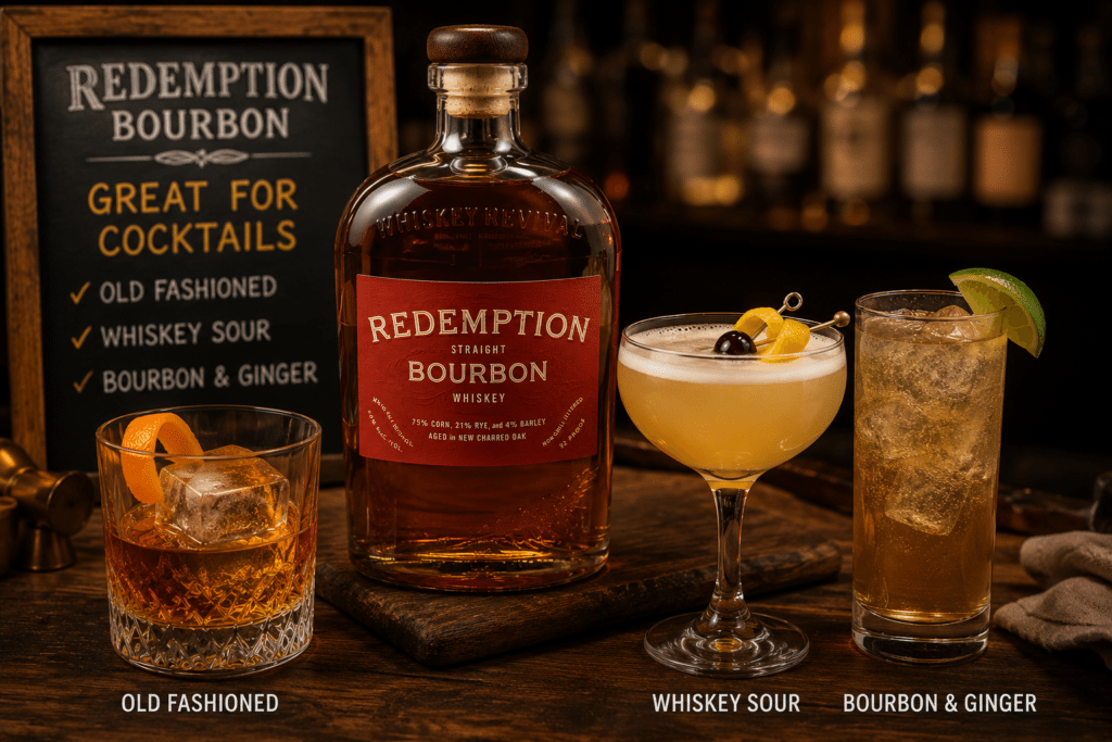 Redemption Bourbon bottle with Old Fashioned, Whiskey Sour, and Bourbon Ginger cocktails