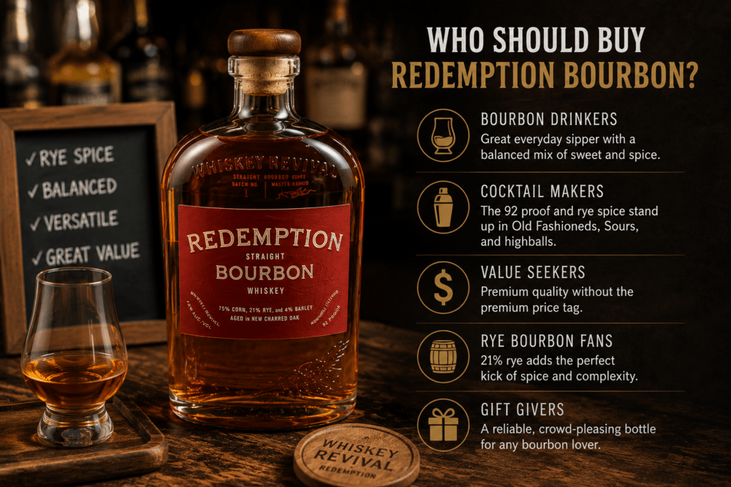 Redemption Bourbon bottle on a home bar for everyday bourbon drinkers