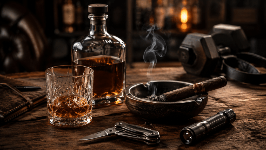 Bourbon glass cigar ashtray multitool flashlight and gym dumbbell on rustic wooden table