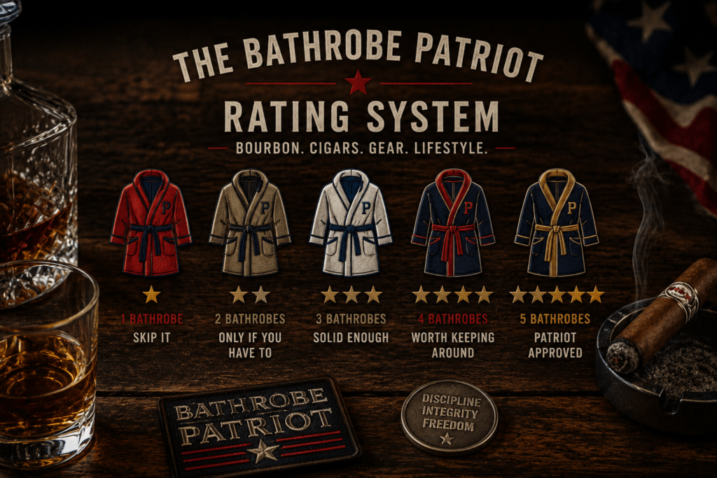 Bathrobe Patriot rating system showing 1 to 5 bathrobes for bourbon cigars gear and lifestyle reviews