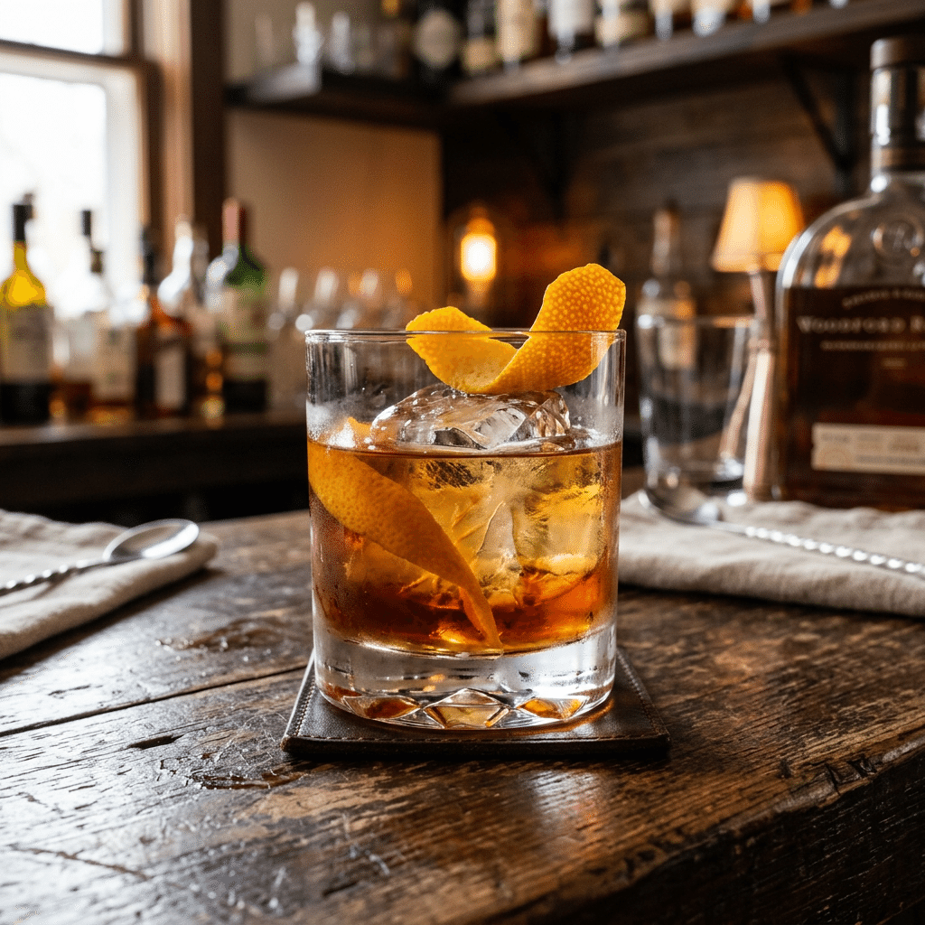 Old fashioned cocktail with ice and orange peel garnish on wooden bar counter