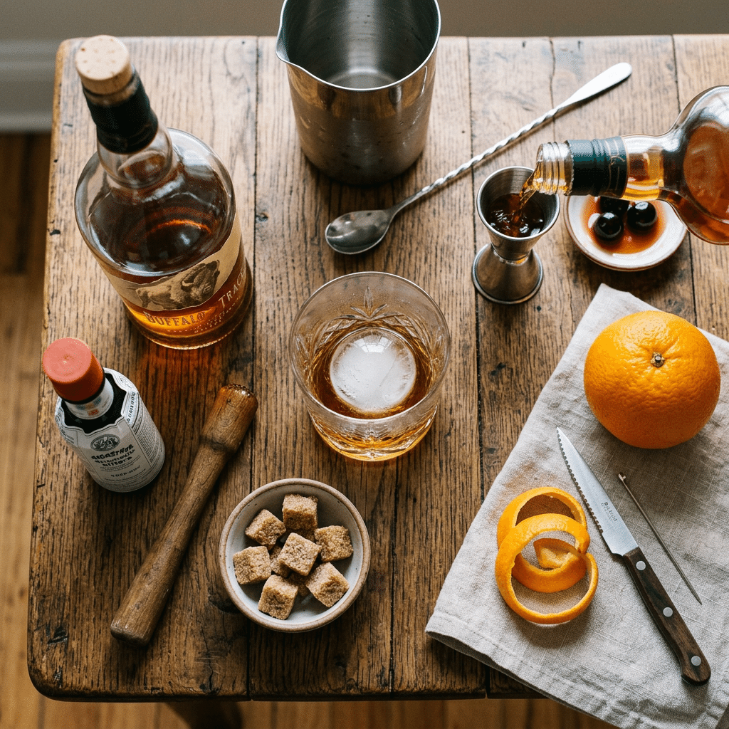 Top-down Old Fashioned ingredients on wooden table