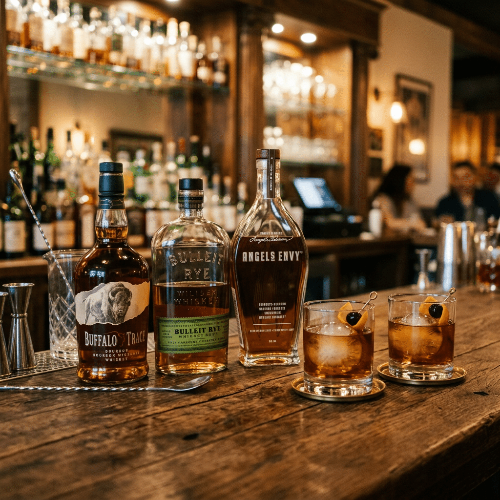 Three whiskey bottles and two whiskey cocktails with garnishes on a wooden bar counter