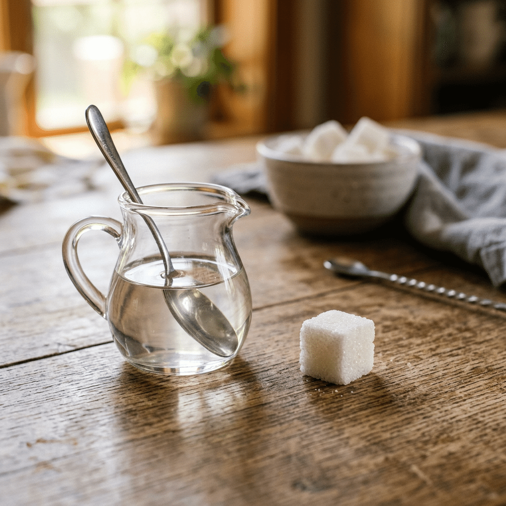 A glass pitcher with water and a spoon inside, next to a single sugar cube on a wooden table