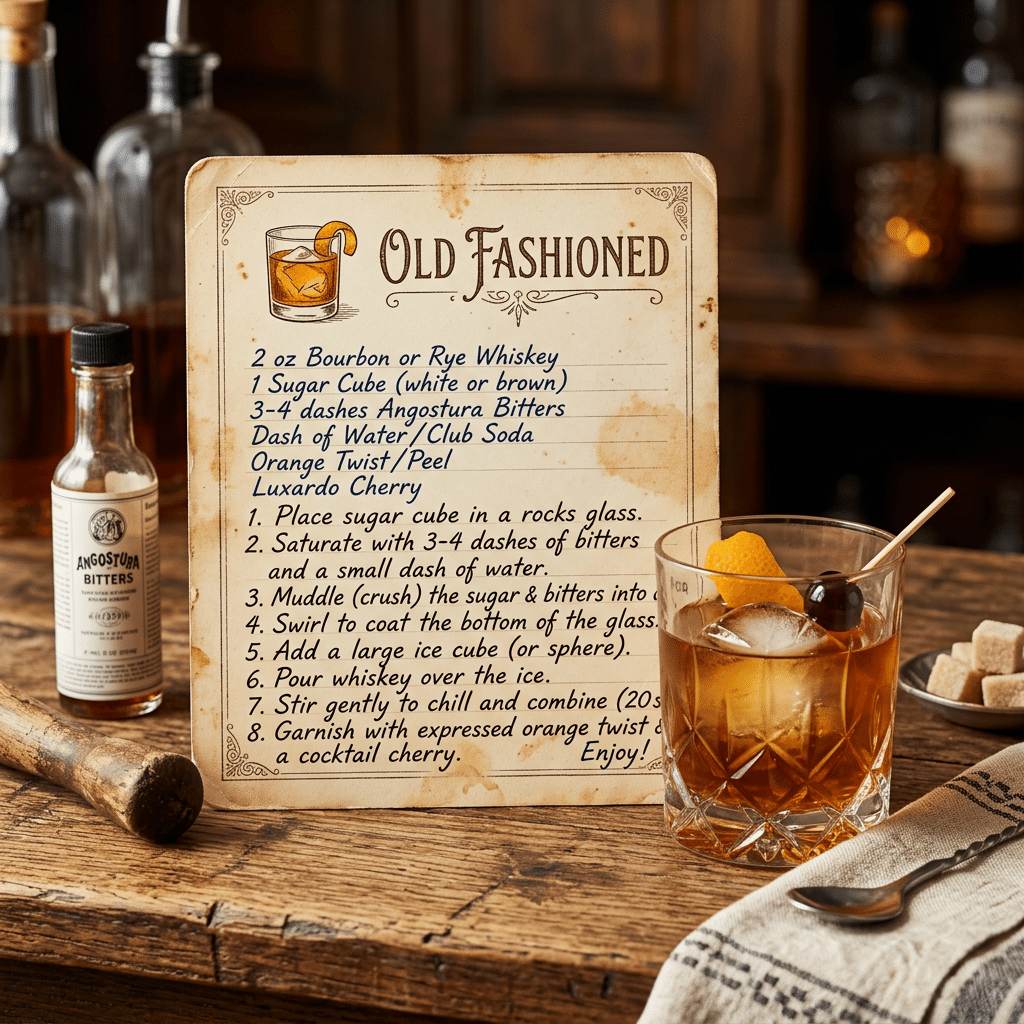 Old Fashioned cocktail recipe with ingredients and instructions beside a cocktail glass with ice, orange twist, and cherry