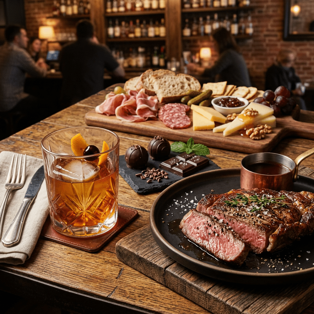 Old Fashioned with steak, chocolate, charcuterie pairing