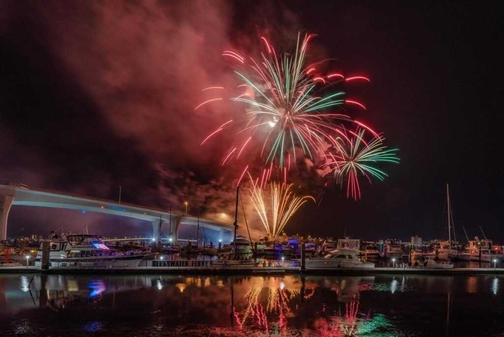 Clearwater Celebrates America fireworks over Clearwater Harbor near Coachman Park.