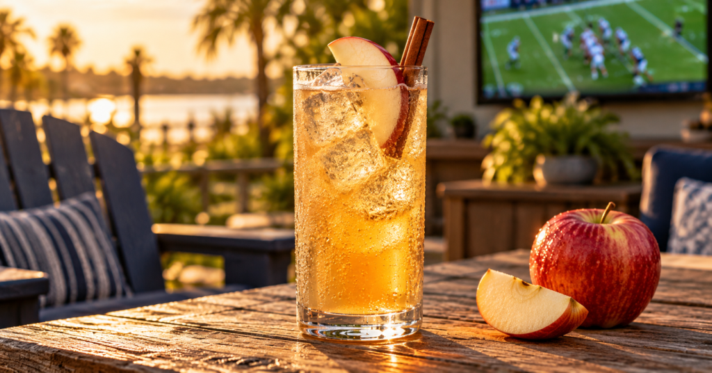 Apple cider bourbon highball with club soda and fresh apple
