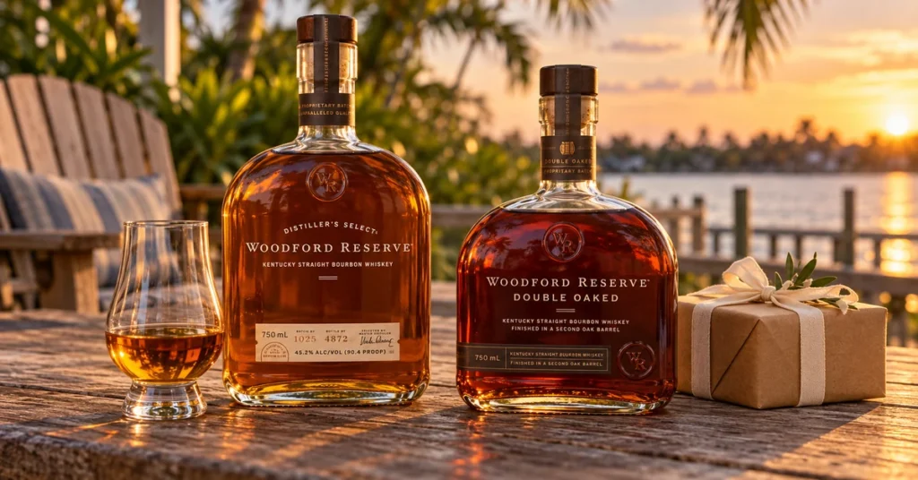 Woodford Reserve and Double Oaked bourbon bottles beside a tasting glass and a wrapped gift.