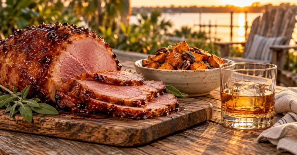 Bourbon paired with glazed ham and roasted sweet potatoes on a sunset patio table.