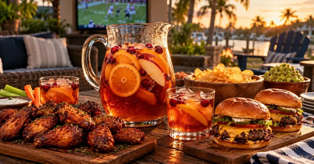 Bourbon punch served with football wings, burgers and game-day snacks
