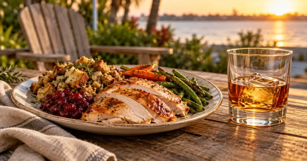Bourbon beside roast turkey, stuffing and cranberry sauce on a sunset patio table.