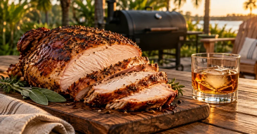 Smoked Thanksgiving turkey with bourbon on a patio table beside a backyard smoker.