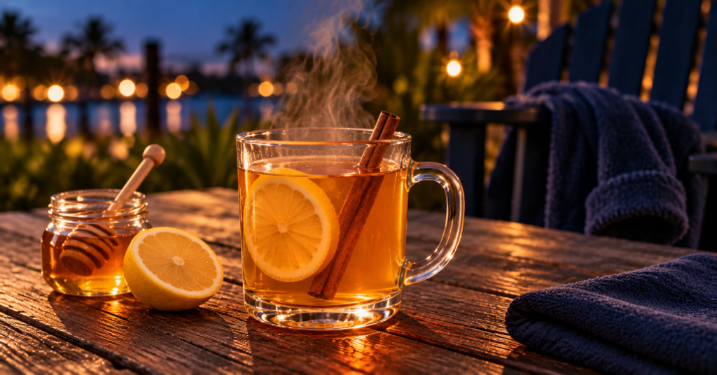 Honey bourbon hot toddy with lemon and cinnamon