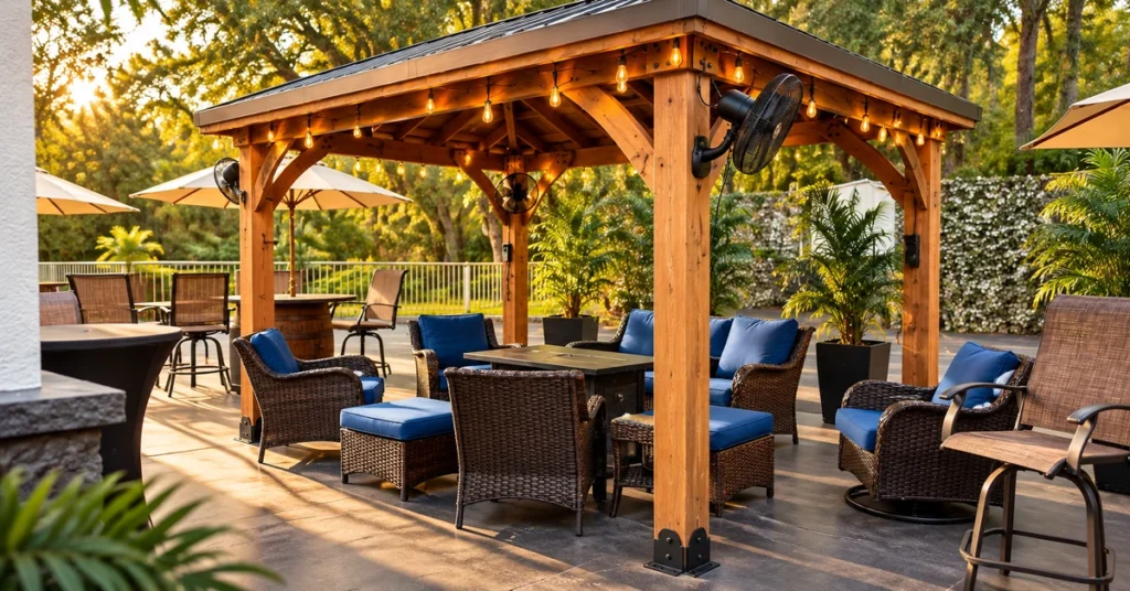 Covered patio seating with wicker chairs, fans, and string lights at Jallo.