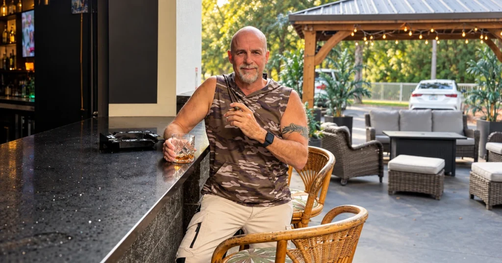 Eric holding a bourbon glass and cigar at Jallo’s patio bar.