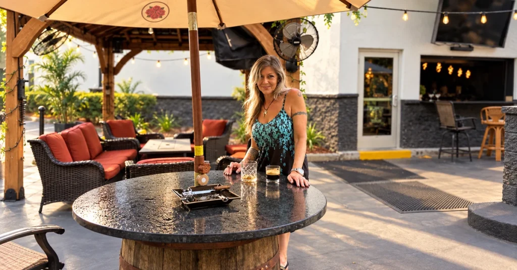 Gina standing beside bourbon, espresso, and cigars under the Four Roses umbrella at Jallo’s patio.