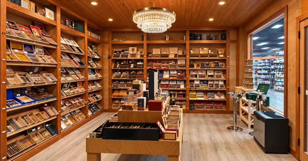 Boxed cigars displayed on wooden shelves in Jallo’s walk-in cigar room.