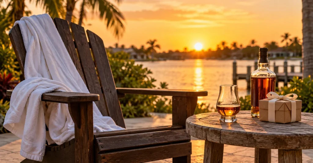 Bourbon, a tasting glass and a wrapped gift beside an Adirondack chair at sunset.