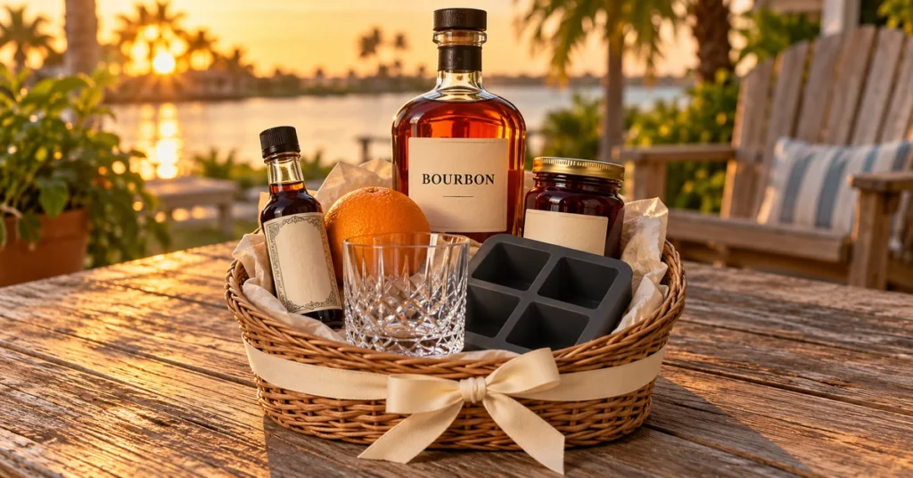 Old Fashioned gift basket with bourbon, bitters, an orange, cocktail cherries, a rocks glass and an ice mold.