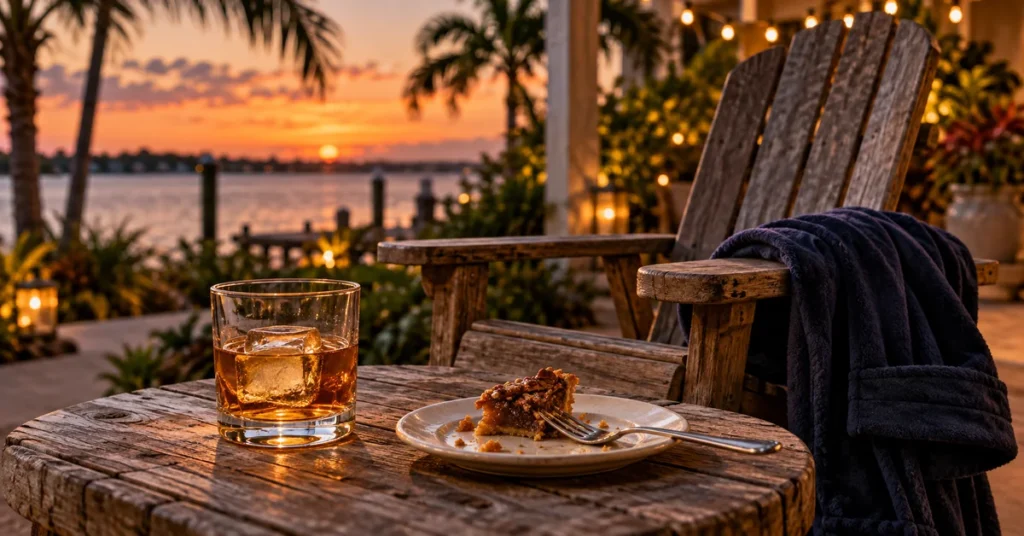 After-dinner bourbon and pecan pie beside an Adirondack chair with a navy robe on a sunset patio.