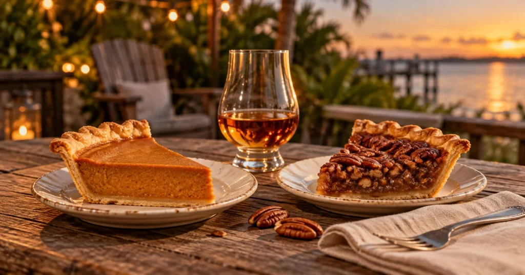 Pumpkin pie and pecan pie served with bourbon on a warmly lit patio table.