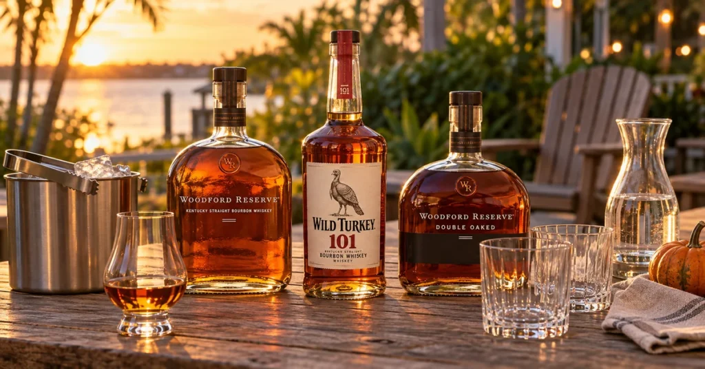 Woodford Reserve, Wild Turkey 101 and Double Oaked arranged for a Thanksgiving bourbon bar.